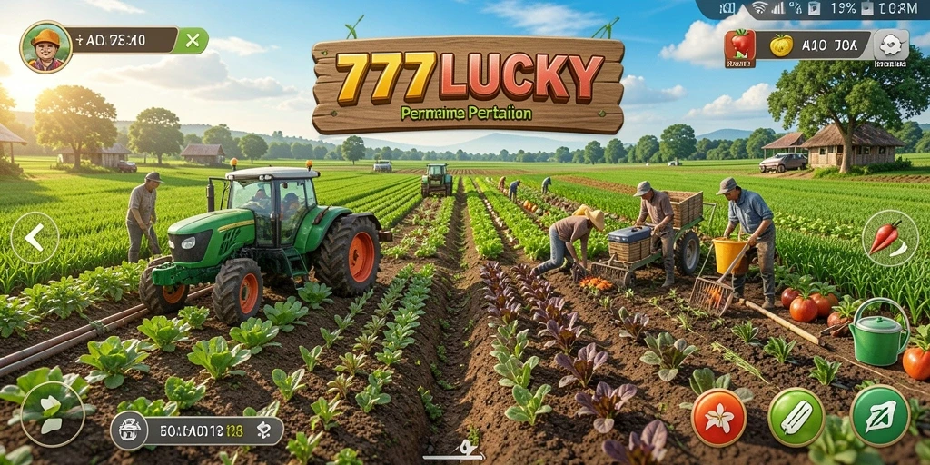 Screenshot gameplay <strong>777LUCKY</strong> yang menampilkan suasana pertanian yang ceria.