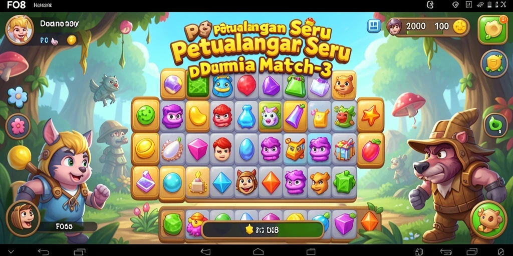 Screenshot gameplay FO8 menampilkan aksi mencocokkan item Match-3 yang seru.