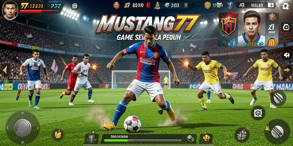 Tangkapan layar utama MUSTANG77 menampilkan aksi seru di lapangan sepak bola.