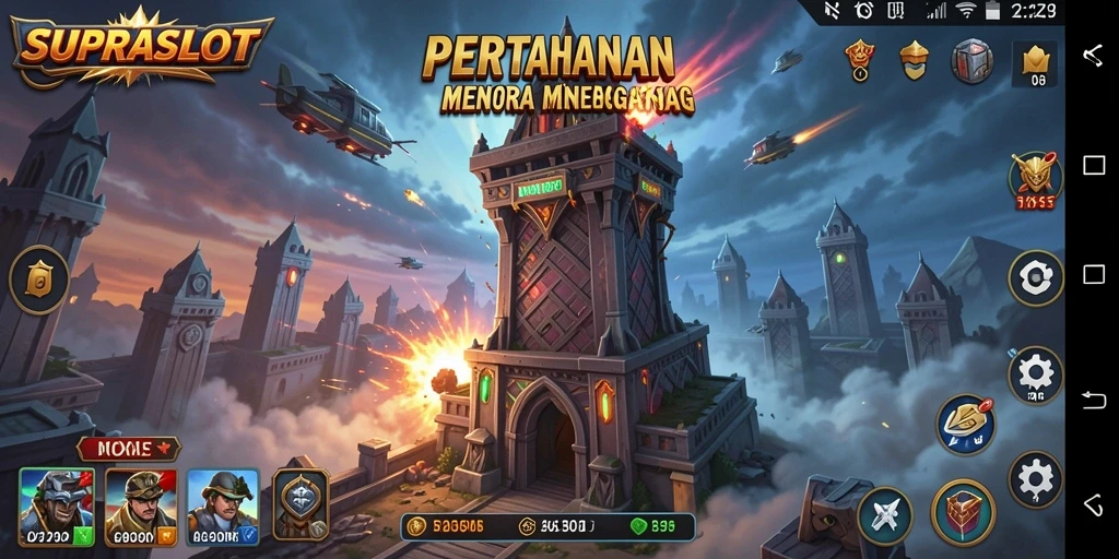 Screenshot gameplay menegangkan dari SUPRASLOT dengan strategi Tower Defense.