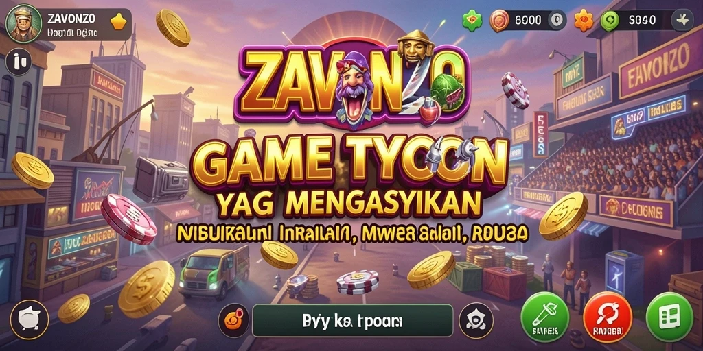 Gameplay ZAVONZO menampilkan manajemen bisnis yang seru.